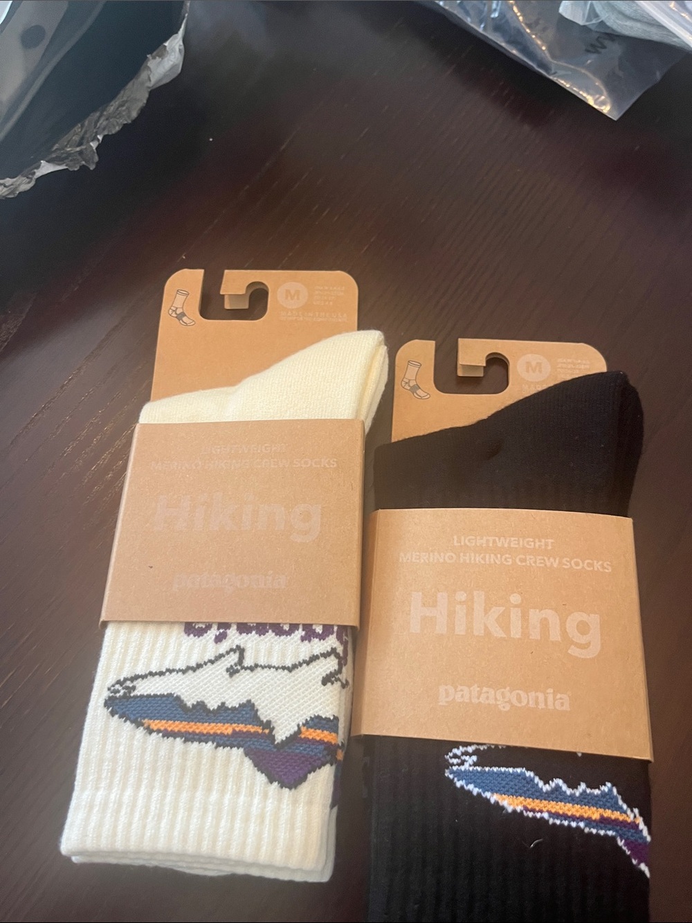 Patagonia Merino Hiking Crew Socks in Black & Cream with Mountain Motif